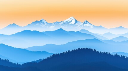 Obraz premium Earth Day Concept. This image captures a breathtaking mountain landscape at sunrise, showcasing layers of blue fog against majestic snow-capped peaks. A serene scene for nature lovers.