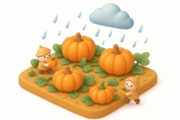 Raindrops fall on pumpkin patch whimsical garden digital art cheerful atmosphere