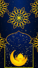 Islamic designed background animation in Vertical with copy Space. Islamic background for Ramadan Kareem, Eid Al-Fitr, and Eid Al-Adha.Islamic design lantern with Islamic design in rich gold color.