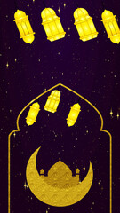 Islamic design lantern with Islamic design in rich gold color.Islamic designed background animation in Vertical with copy Space. Islamic background for Ramadan Kareem, Eid Al-Fitr, and Eid Al-Adha.