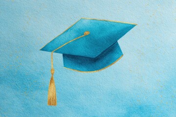 A hand-painted watercolor graduation cap with a golden tassel sits on a light blue background.  Perfect for graduation announcements and celebratory designs. High quality. High quality