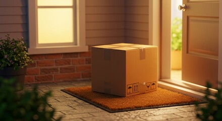 Package Delivery at Night - Cardboard box sits on a doormat at night, depicting a home delivery service