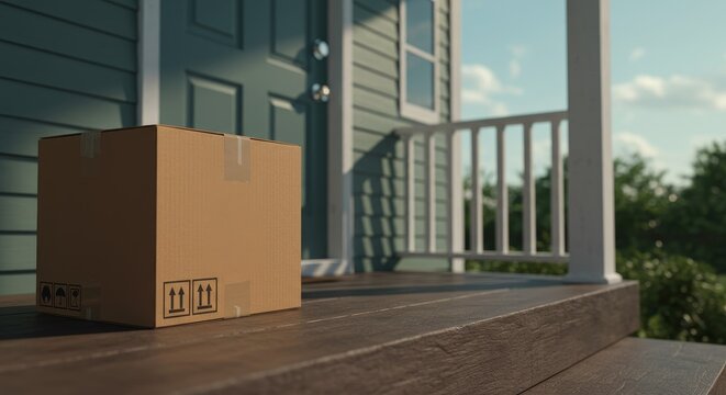 Package Delivery on Porch - Cardboard box sits on a home's porch steps, signifying a delivered package