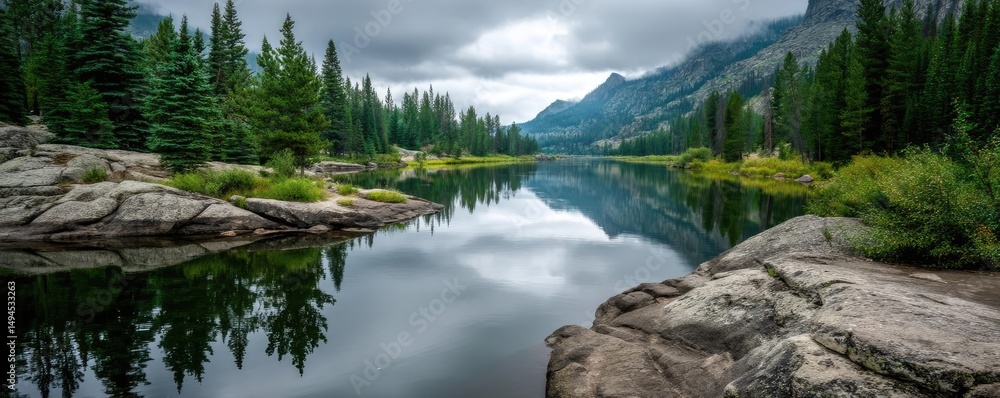 Poster scenic view of lake in pine forest with tree and rock concept. serene lake surrounded by lush trees 