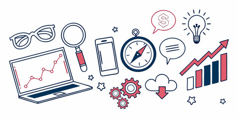 Hand-drawn vector illustration set of laptop and notebook icons with a pen, ideal for web design and business computer symbols