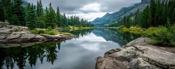 Scenic view of lake in pine forest with tree and rock concept. Serene lake surrounded by lush trees and misty mountains.