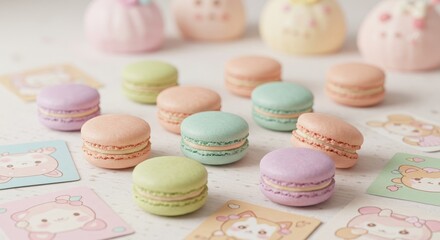 Fototapeta premium Pastel Macarons and Cute Animal Stickers - Adorable pastel-colored macarons arranged on a white surface, surrounded by charming animal stickers. Perfect for blogs, websites, and social media