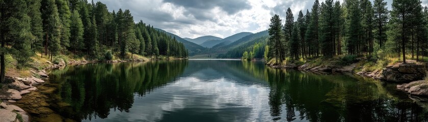Scenic view of lake in pine forest with water and mountain concept. Serene lake reflecting mountains and trees under cloudy skies.