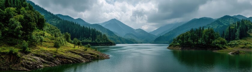 Obraz premium Scenic view of lake in pine forest with water and mountain concept. Serene lake surrounded by majestic mountains and lush greenery.