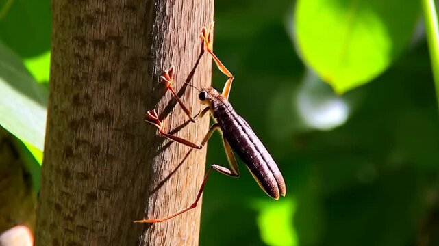 Stick insect resting on tree trunk with long legs, antennae and segmented body in natural daylight, nature photography
