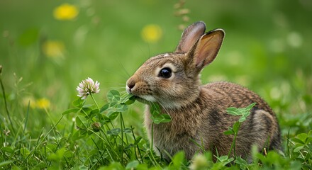 Fototapeta premium Adorable Wild Rabbit Enjoying Clover in Lush Meadow