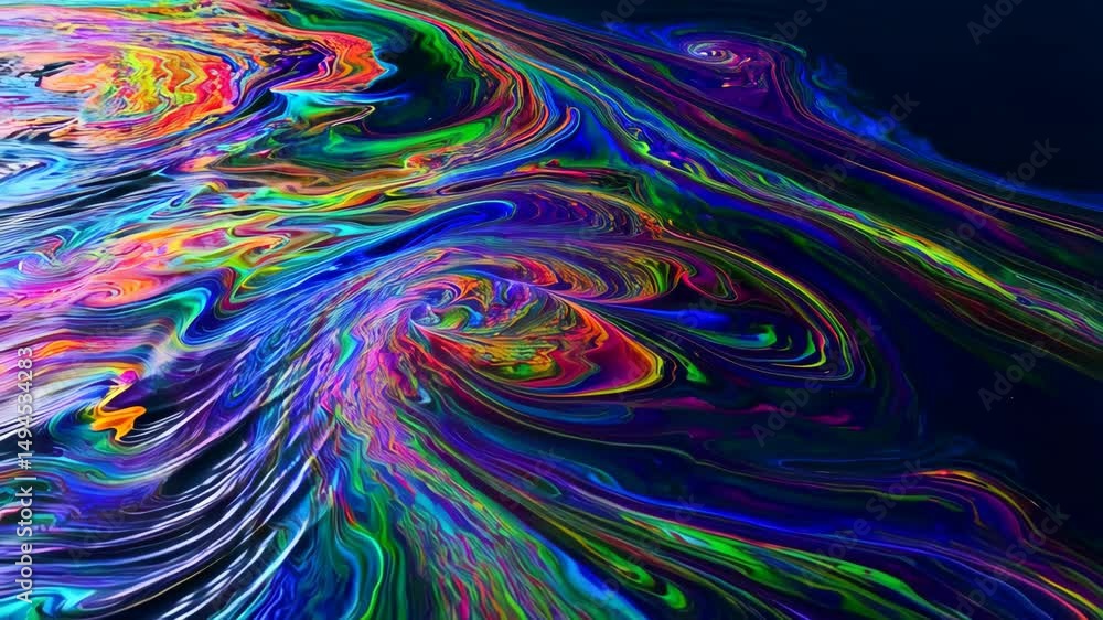 Poster swirling iridescent liquid with a mesmerizing vibrant color spectrum and fluid dynamic patterns, cre