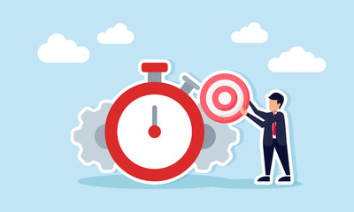 Businessman holding target board next to stopwatch and gears illustration of deadline and timeline in achieving business target
