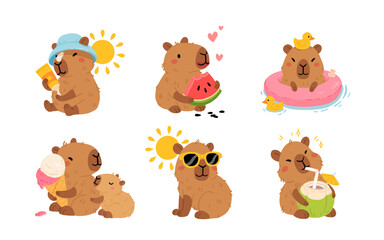 Set of cute summer capybaras in various poses and items. Hand drawn cartoon flat style. Vacation seasonal template for design, kids collection