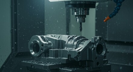 Precision Metal Machining Process - Close-up of a CNC machine precisely milling a metal part, showcasing the industrial process and high-quality results