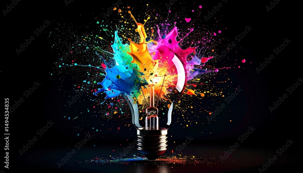 Aufkleber light bulb bursting with colorful paint.