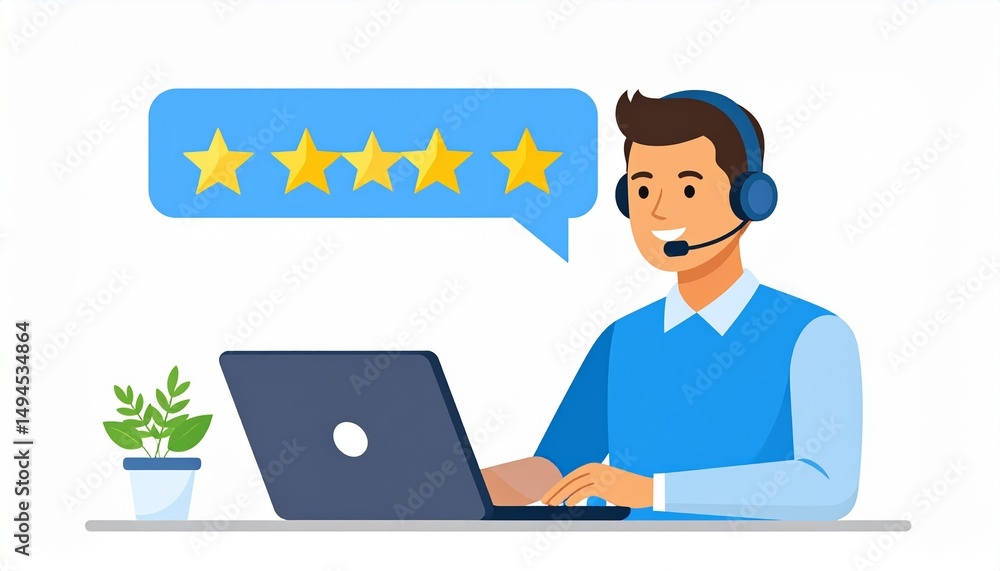 Poster flat design vector. customer support worker in headset is having conversation