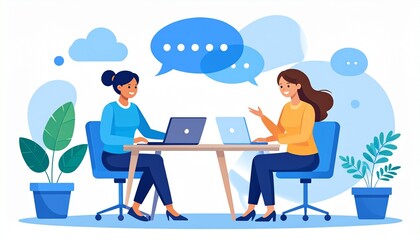 Conversation between female employees in the office. Conversation clouds appear next 