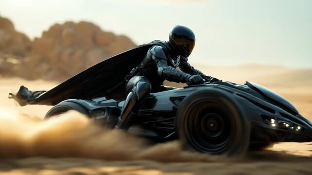 A man in a black suite riding a advanced quad bike on the desert