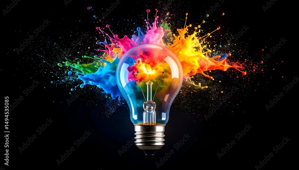 Aufkleber lightbulb bursting with colorful paint.