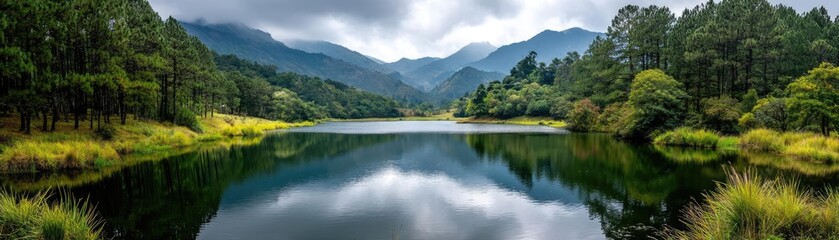 Scenic view of lake in pine forest with water and mountain concept. A serene lake surrounded by lush greenery and majestic mountains.