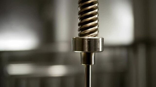 Close up on metal threaded rod and bearing with blurred background in industrial setting for machinery mechanics