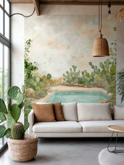 Modern living room with a large window on the left side. the window has a view of a tropical garden with cacti and succulents.