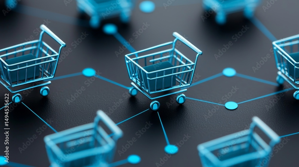 Poster shopping carts connected by nodes on a digital background. creative business ideas for e-commerce ne