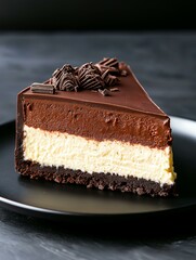 The image is of a slice of cheesecake on a black plate. the cheesecake has a rich, dark chocolate base with a creamy white filling in the center.