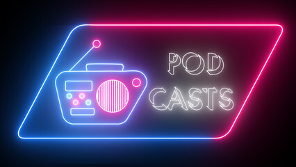 Cool radio podcast logo animated in neon background. Radio podcast logo for recording, podcasts, Live Streaming, celebration, and New Year. Radio podcast logo animation.