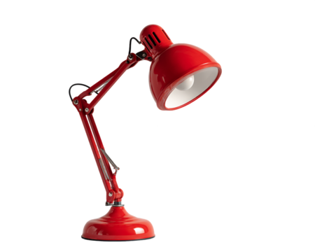 Red Metal Desk Lamp with Adjustable Arm on Transparent Background, PNG - Powered by Adobe