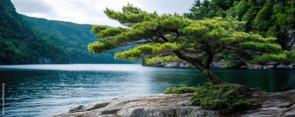 Poster scenic view of lake in pine forest with tree and rock concept. a serene lakeside view featuring a so