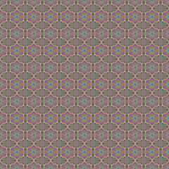 万華鏡風の花のようなシームレス模様 くすんだ緑やピンクや紫や青