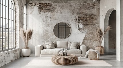 Modern industrial loft interior with natural elements.  Rustic brick wall, large windows, beige sofa, and a round wooden coffee table