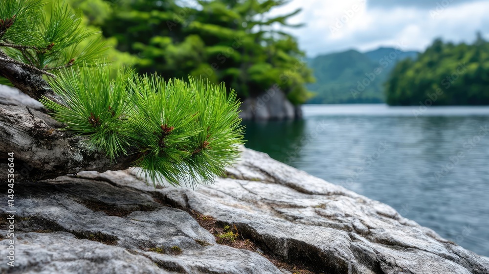 Poster scenic view of lake in pine forest with tree and rock concept. a serene view of pine branches near a