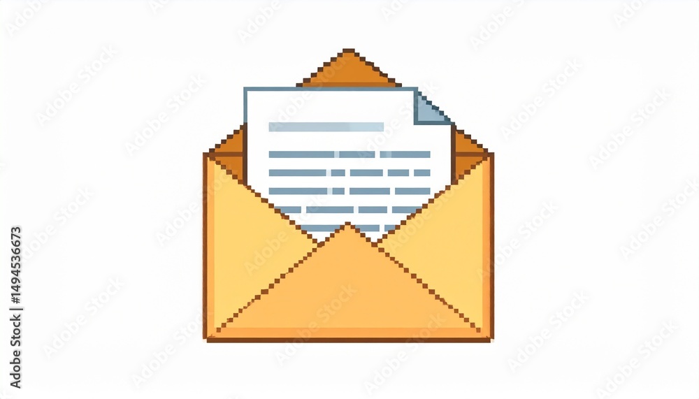 Poster pixel art vector illustration of opened email with text on paper.