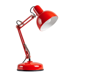 Red Metal Desk Lamp with Adjustable Arm on Transparent Background, PNG