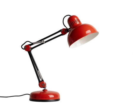Red Metal Desk Lamp with Adjustable Arm on Transparent Background, PNG - Powered by Adobe