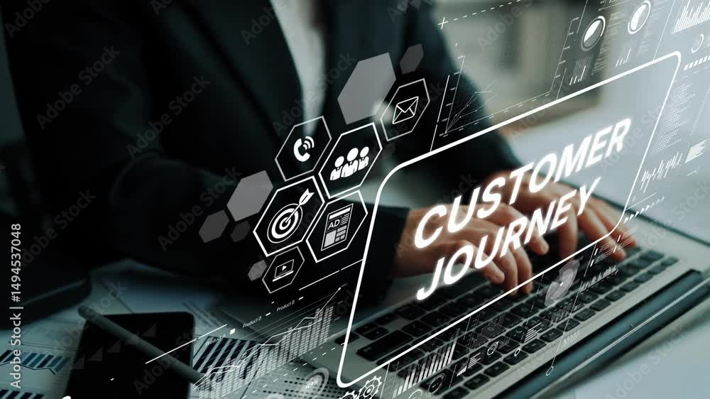 Poster woman typing on laptop with customer journey concepts and digital graphics visualization in office e