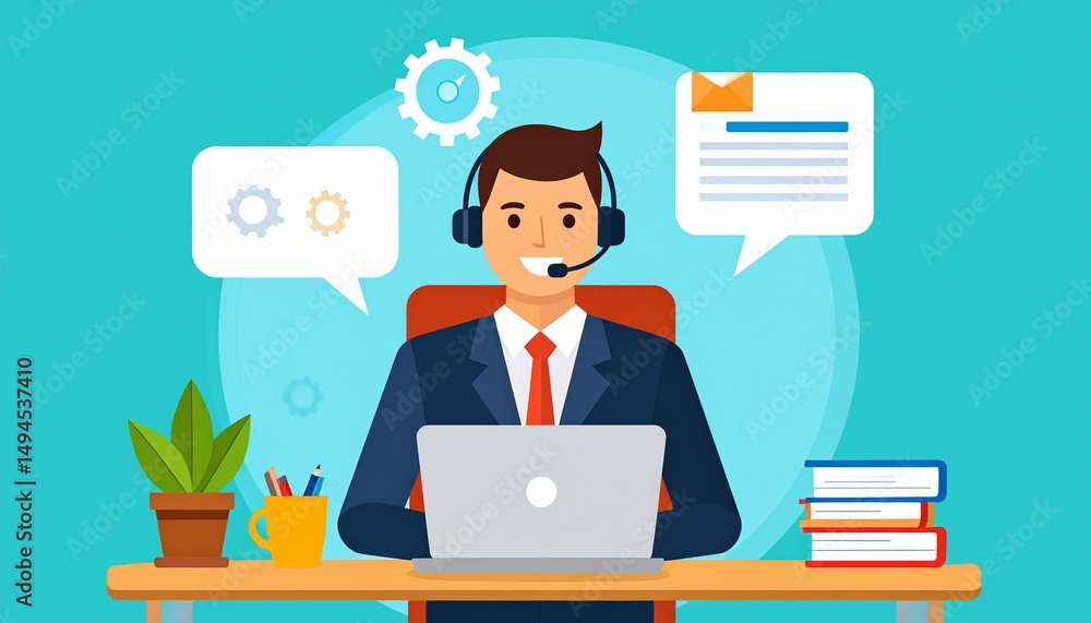 Poster man sitting in front of desk with headset and talking with client. businessman working