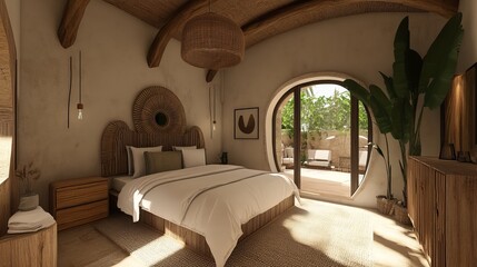 A cozy, earthy bedroom with natural textures and warm light