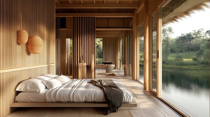 Tranquil wooden cabin bedroom with lake view