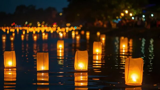 Glowing floating lanterns on dark water at night.  Peaceful, serene atmosphere.