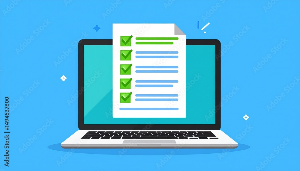 Poster laptop with document checklist. laptop with a correctly completed survey or test on the screen.