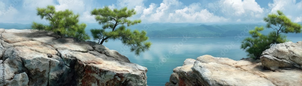 Poster scenic view of lake in pine forest with tree and rock concept. breathtaking view of cliffs overlooki