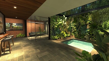 Modern, open-plan living area with a lush vertical garden and a small pool