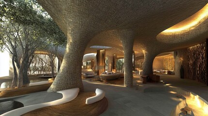 Elegant, bio-inspired lobby with organic curves and natural light