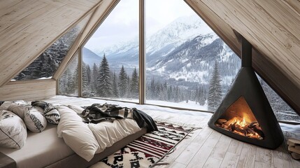 Cozy mountain cabin bedroom with a fireplace and panoramic views