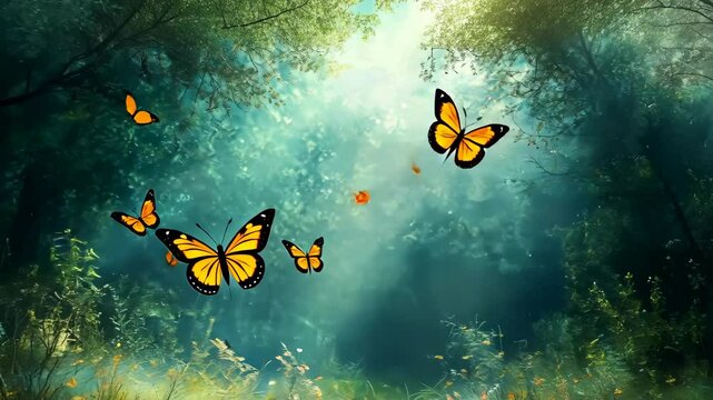 Magical forest scene with sunlight streaming through trees and orange butterflies flitting amongst wildflowers