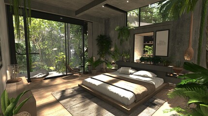Modern bedroom with a lush jungle view